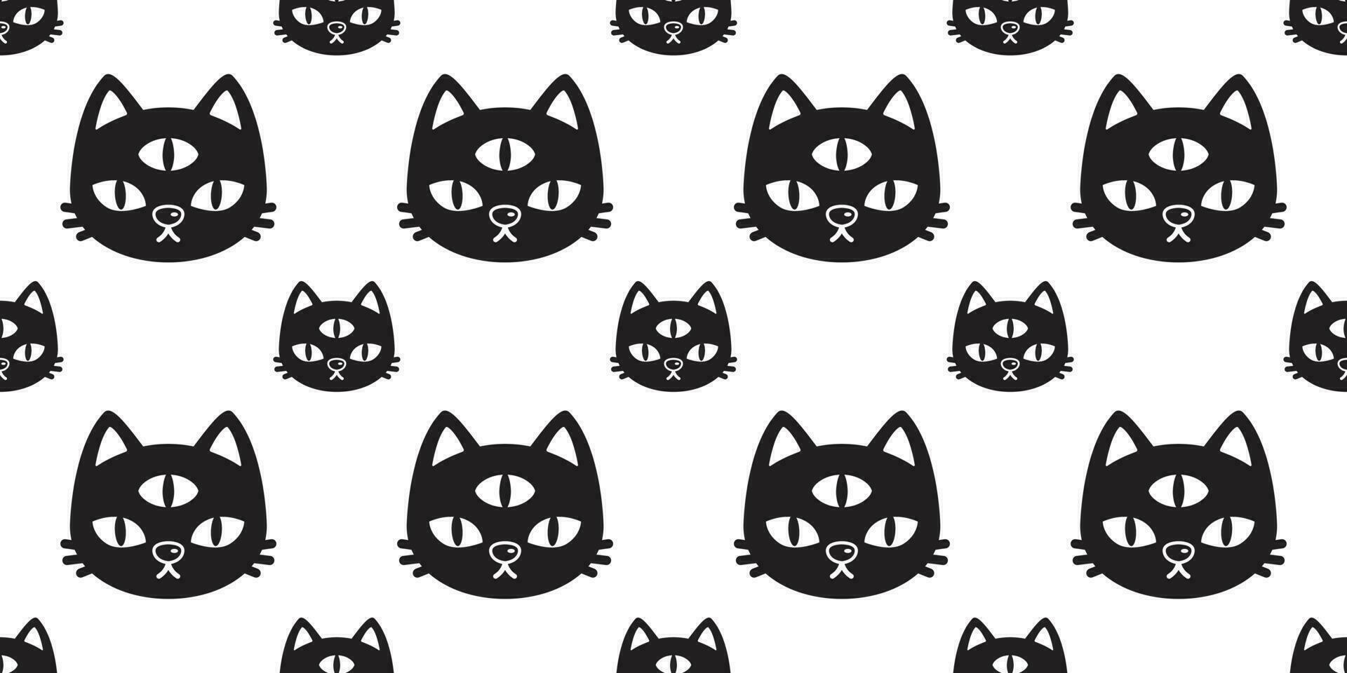 Katze nahtlos Muster Vektor Halloween Kätzchen drei Auge Kattun Karikatur Fliese Hintergrund Schal isoliert wiederholen Hintergrund schwarz