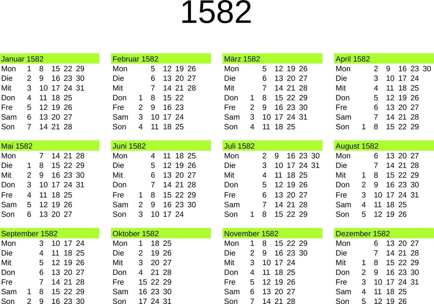 år 1582 kalender i tysk vektor