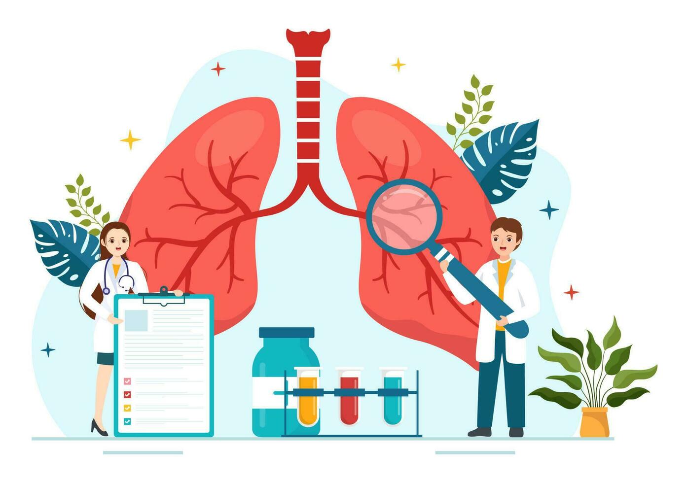 lungläkare vektor illustration med läkare pulmonologi, lungor respiratorisk systemet undersökning och behandling i platt tecknad serie hand dragen mallar