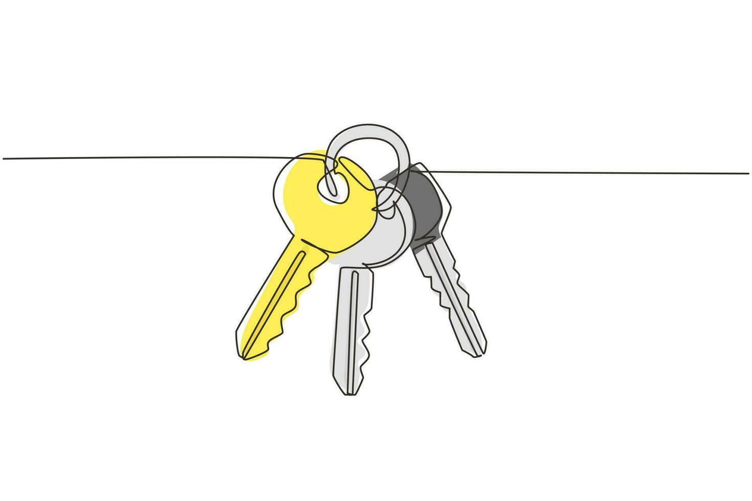 enda kontinuerlig linje som ritar tre nycklar från lägenheten. hus lägenhetsuthyrning till salu. begreppet integritet, säkerhet och skydd. dynamisk en rad rita grafisk design vektorillustration vektor