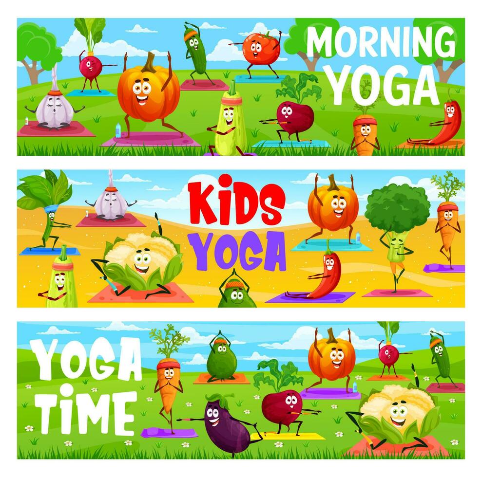 morgon- yoga, pilates kondition, tecknad serie grönsaker vektor