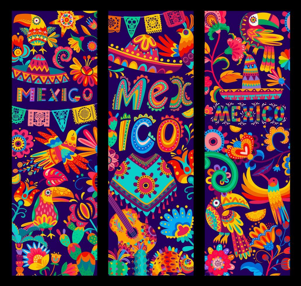 mexikansk banderoller, sombrero, gitarr och poncho vektor