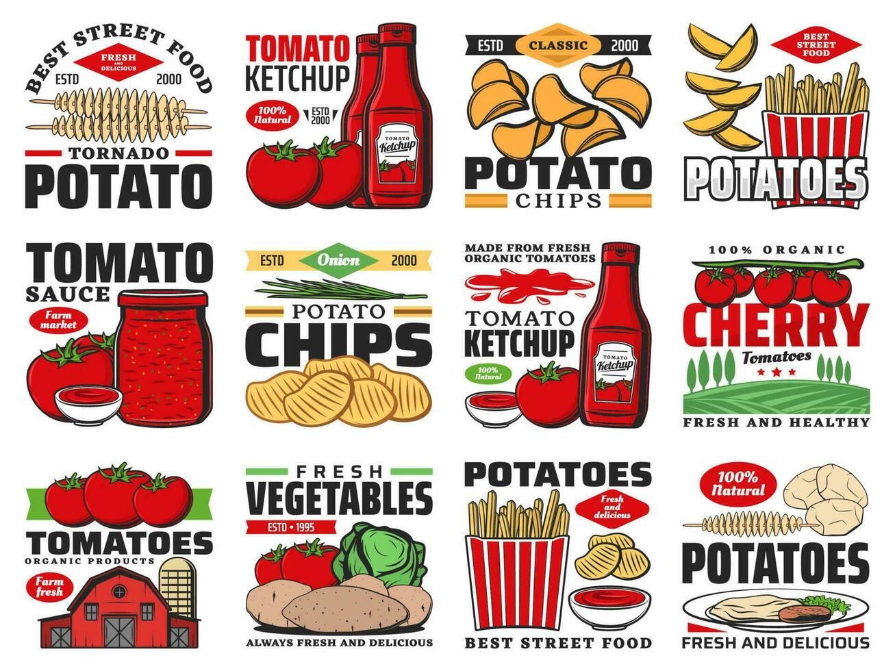 tomat och potatis mat Produkter, ketchup och pommes frites vektor