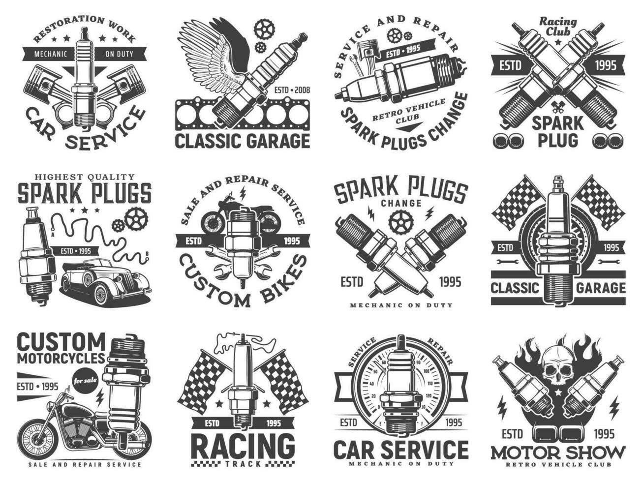 garage beställnings- motor ikoner, motorcykel, bil races vektor