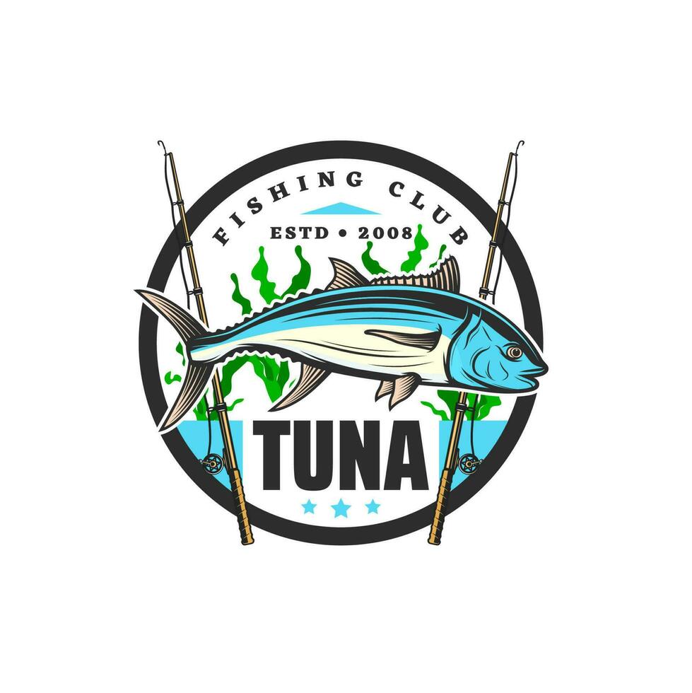 tonfisk med stavar, fiske ikon av fiskare klubb vektor