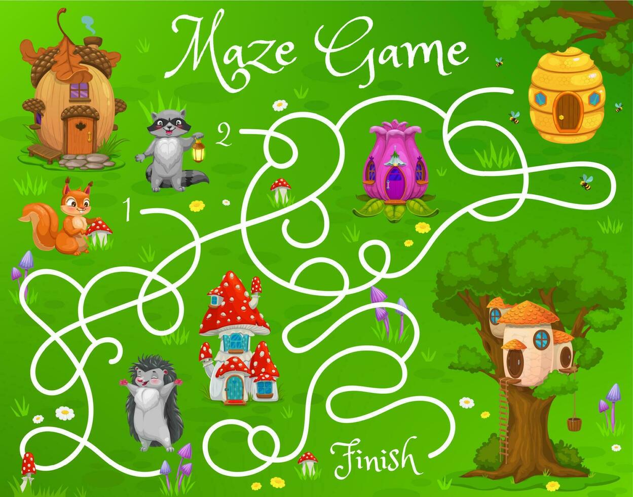 Kinder Labyrinth Matze Spiel mit Eichhörnchen, Waschbär vektor