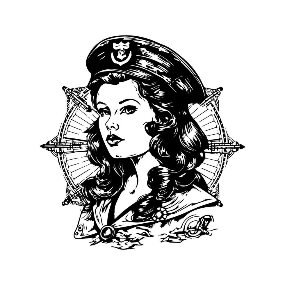 en fantastisk kvinna sjöman illustration, perfekt för någon vem förälskelser de hav och äventyr. vektor
