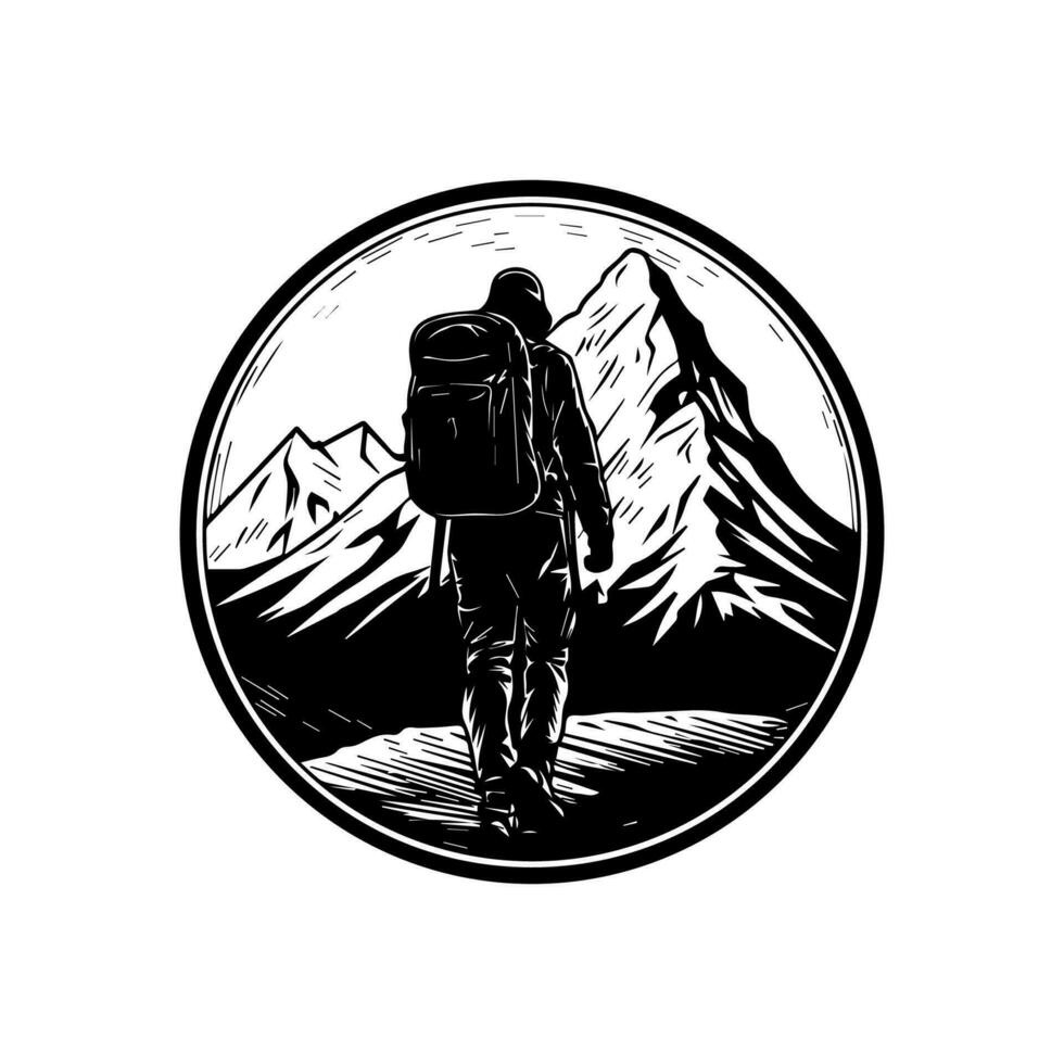 ein modern Wandern Logo Design mit ein männlich Wanderer Klettern ein felsig Berg vektor