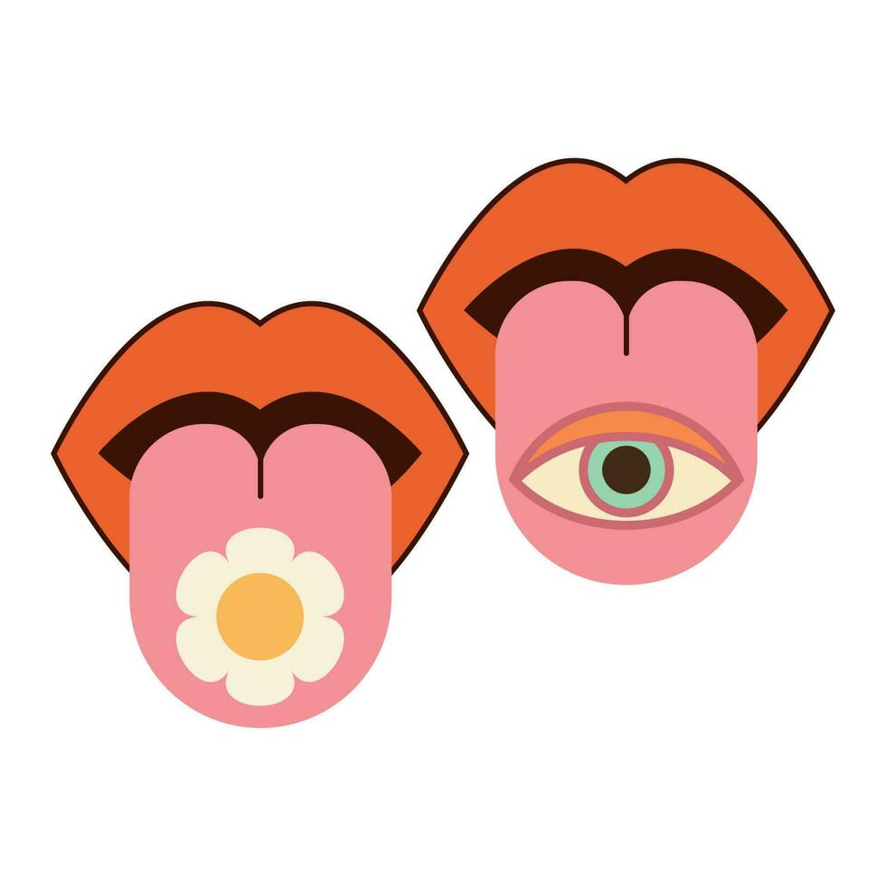 Mund mit Zunge kleben aus, Lippen weht Rosa und öffnen Mund mit Auge. verschiedene nachahmen Emotionen und Gesichts- Ausdrücke. Vektor Illustration im Jahrgang retro Stil. Blume.