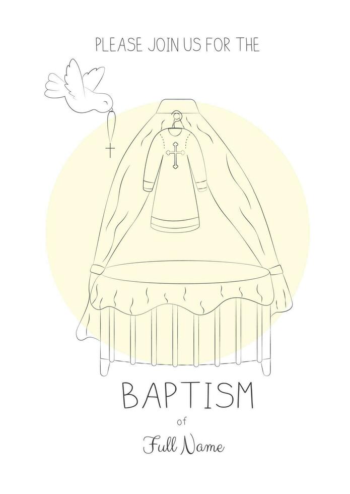 dop inbjudan mall bebis vagga med dop klänning och duva fred i klotter stil vektor