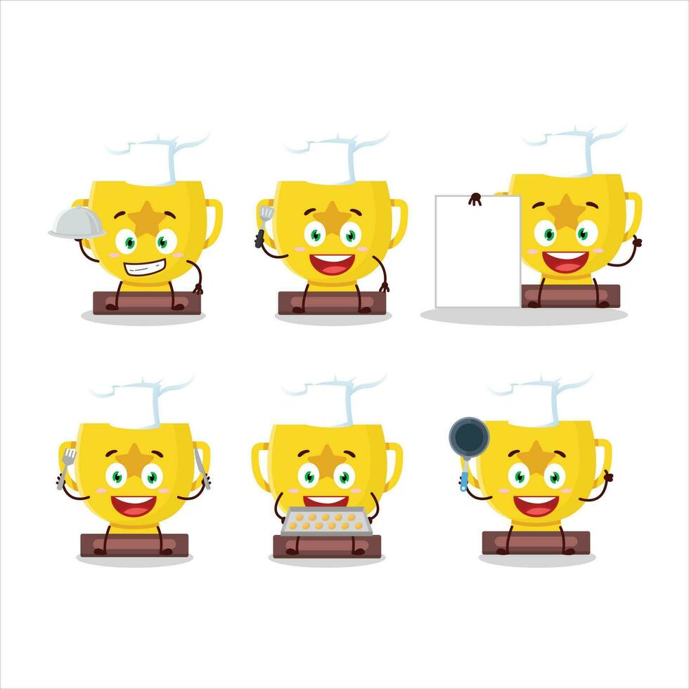 Karikatur Charakter von Gold Trophäe mit verschiedene Koch Emoticons vektor