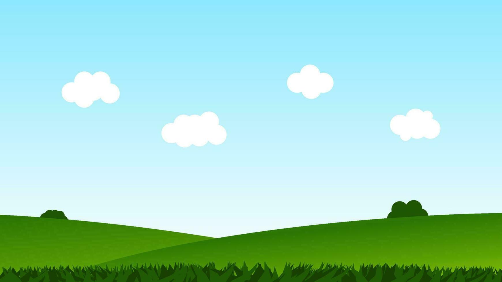 landskap tecknad serie scen. grön fält med vit moln och blå himmel vektor