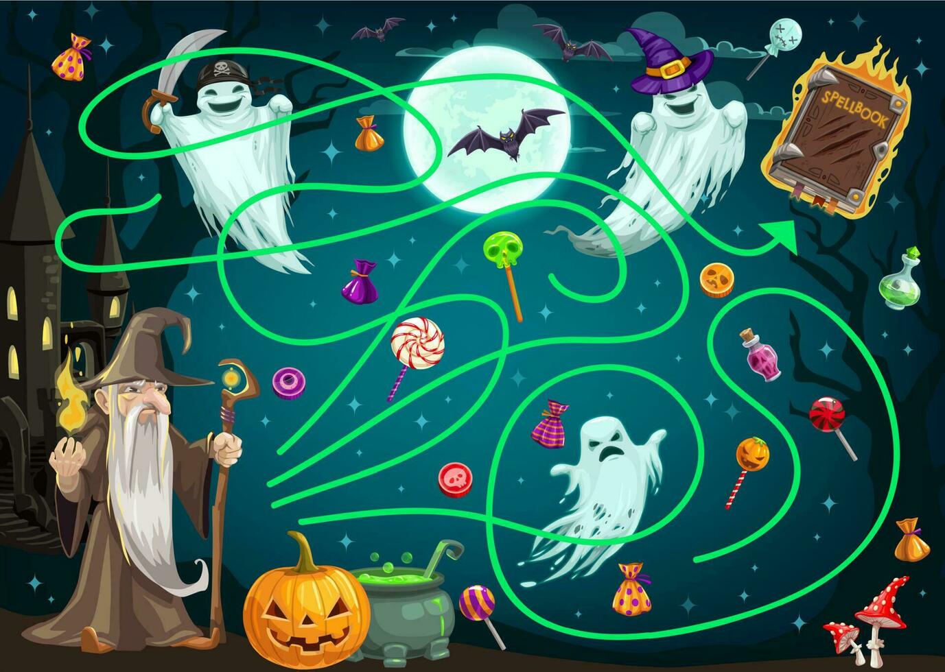 Kinder Suche Pfad Spiel mit Halloween Geister vektor