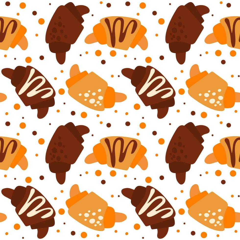 das Design mit ein Croissant Muster ist einfach und Schokolade mit Punkte und Linien. Backen Hintergrund mit Croissant und Flecken. nahtlos Muster mit farbig Croissants und Dekor auf ein Weiß Hintergrund vektor