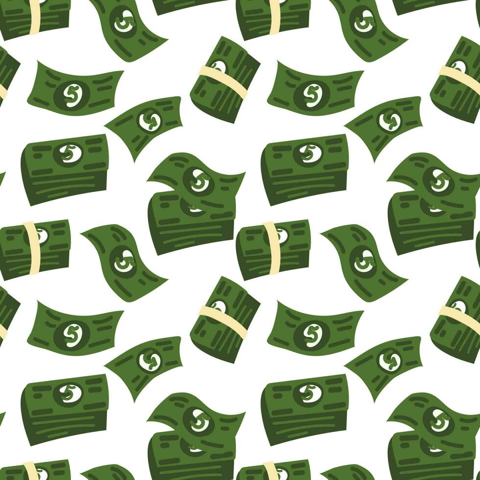 ein Muster von Karikatur abstrakt amerikanisch Banknoten und Bündel. ein Regen von Grün Geld mit das Nummer 5 fallen von über im ein eben Stil auf ein Weiß Hintergrund. Drucken auf Textilien und Papier vektor