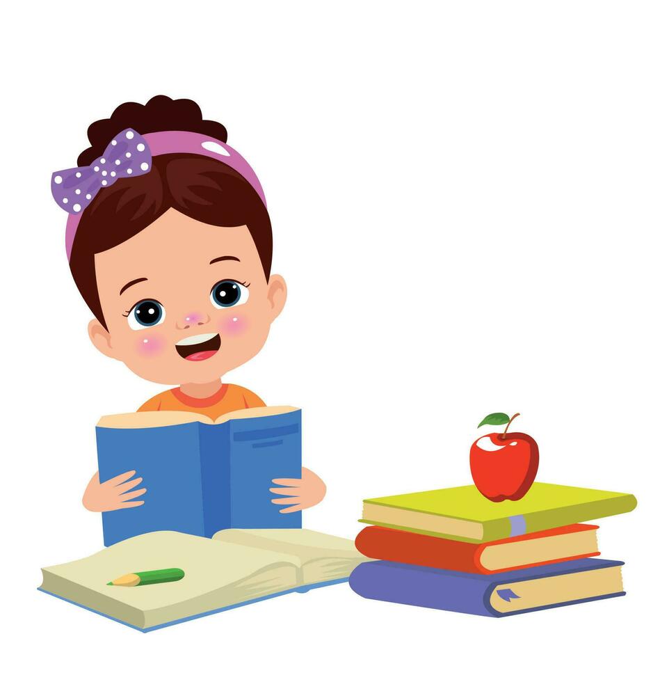 liten pojke läsning en bok med en röd äpple på de tabell vektor
