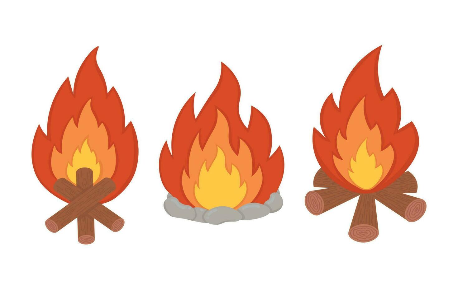 klotter platt ClipArt. en uppsättning av brinnande brasor för avkopplande i de kväll på de campingplats. vektor