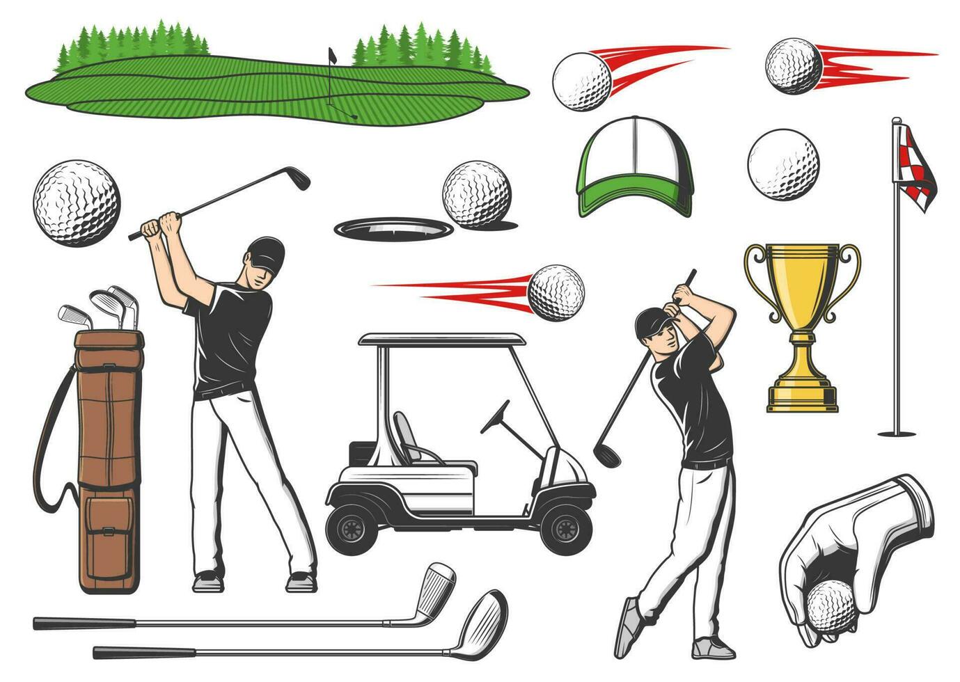Golfspieler und Golf Verein Sport Artikel, Ausrüstung Symbole vektor