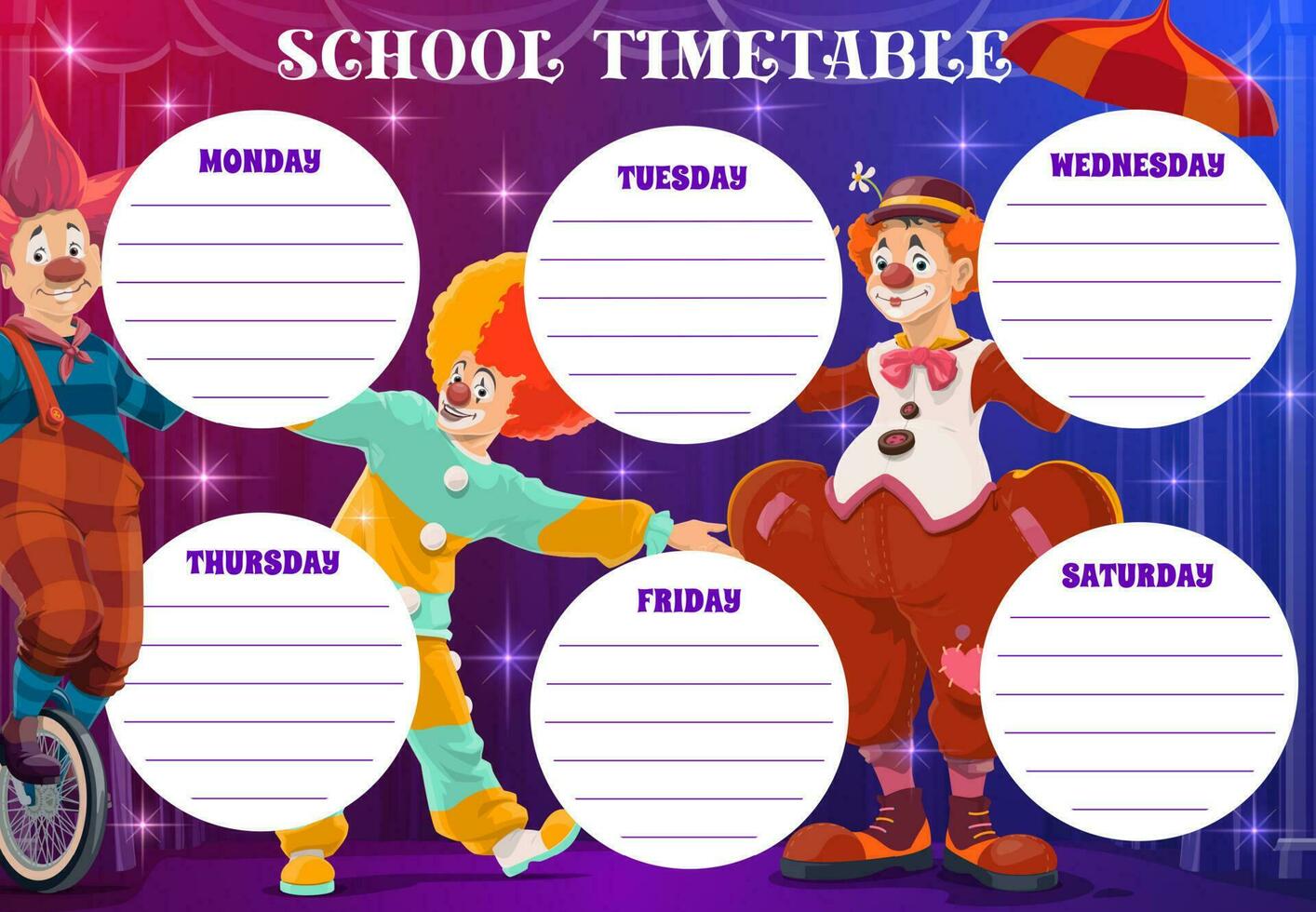 Zirkus Clowns auf Schule Zeitplan, wöchentlich Planer vektor