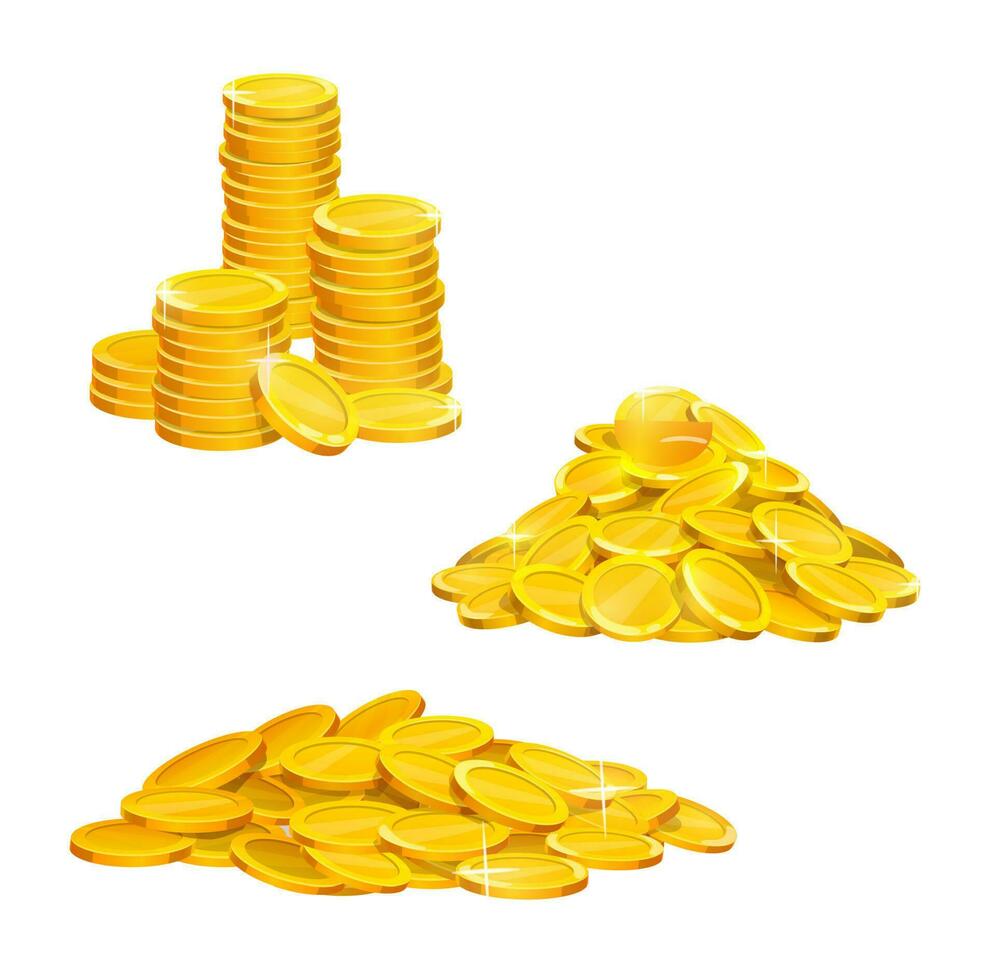 tecknad serie gyllene mynt lugg och staplar, guld pengar vektor
