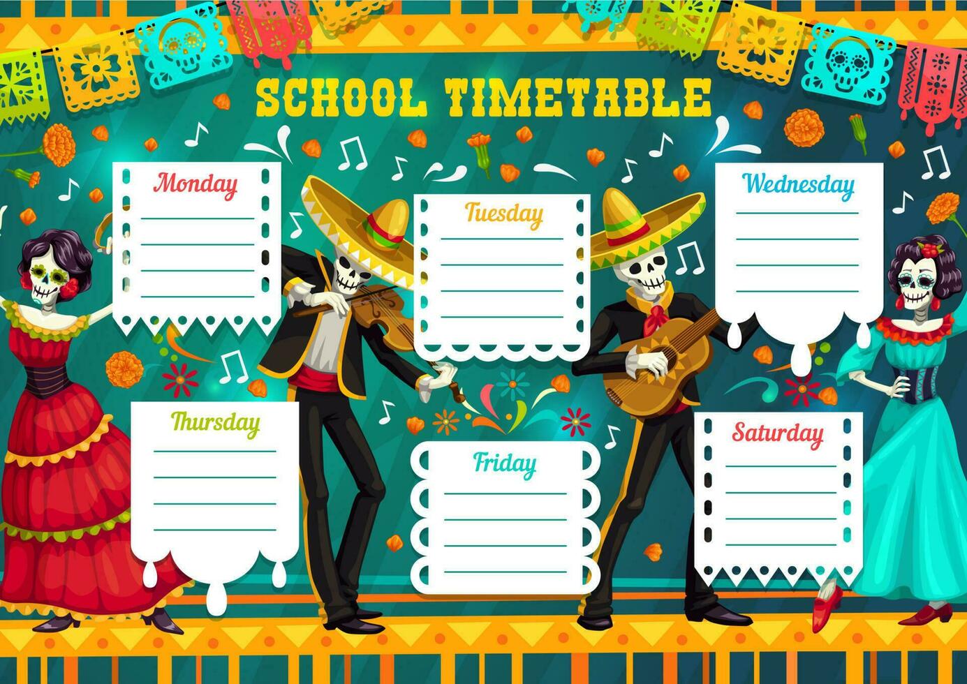 Schule Zeitplan mit Tag von das tot Skelette vektor