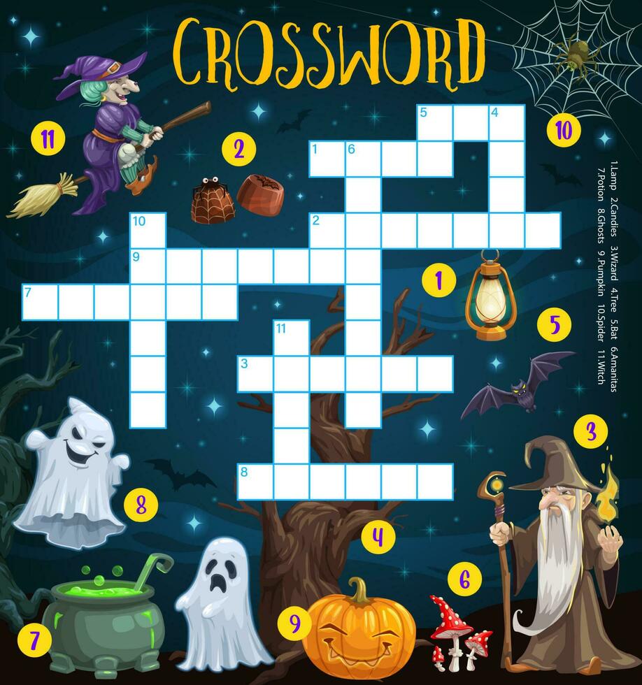 Halloween Kreuzworträtsel Gitter Puzzle, Wort Puzzle Spiel vektor