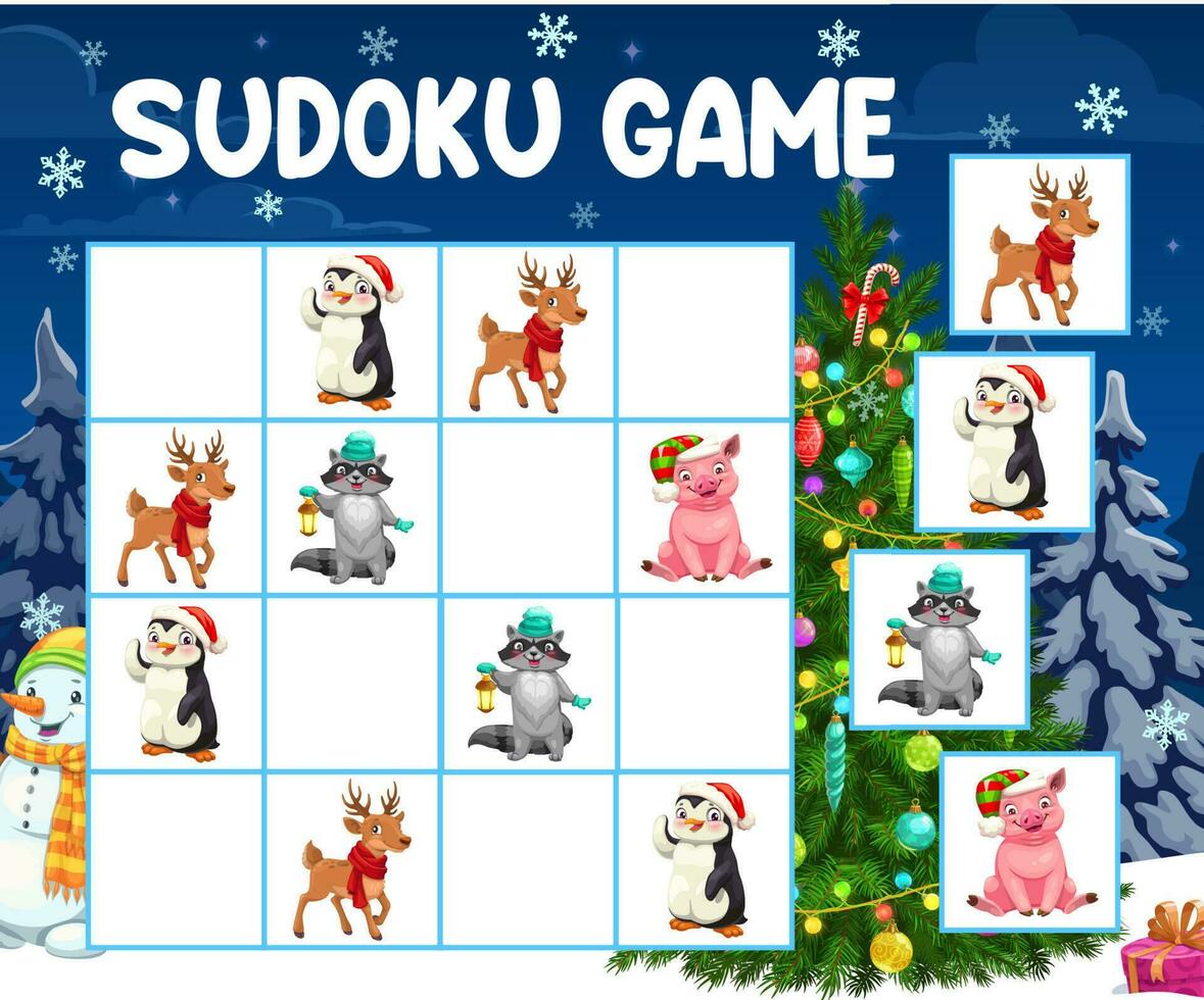 sudoku spel eller pussel, jul träd och djur vektor
