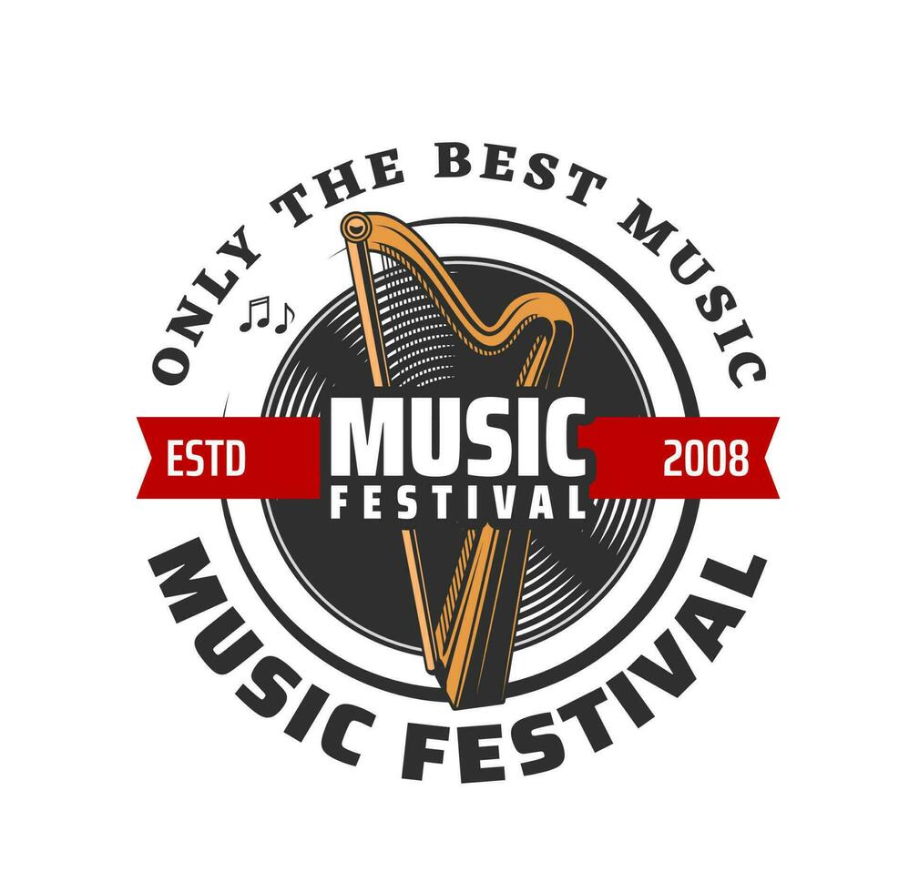 Musik- Festival Symbol, Harfe, Vinyl Aufzeichnung und Anmerkungen vektor