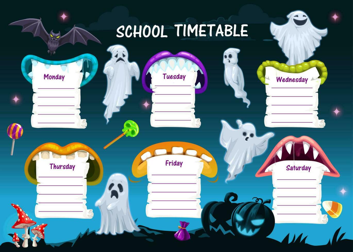 Schule Zeitplan Zeitplan Vorlage, Halloween vektor