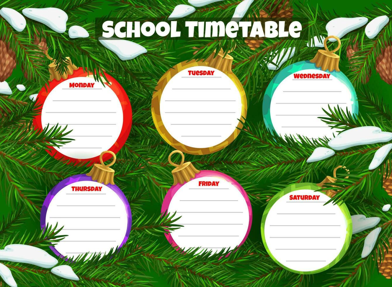 Schule Zeitplan oder Zeitplan, Weihnachten Baum Bälle vektor