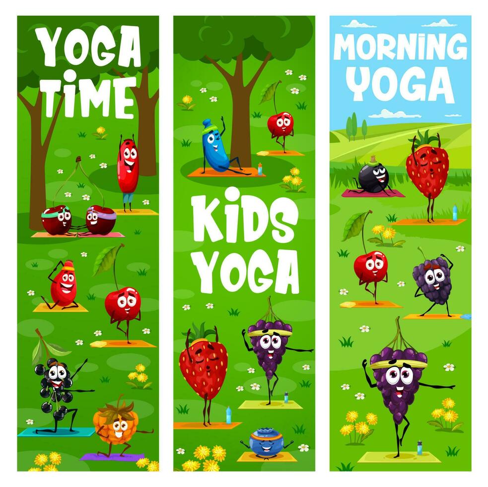 Kinder und Morgen Yoga Karikatur Beeren auf Fitness vektor