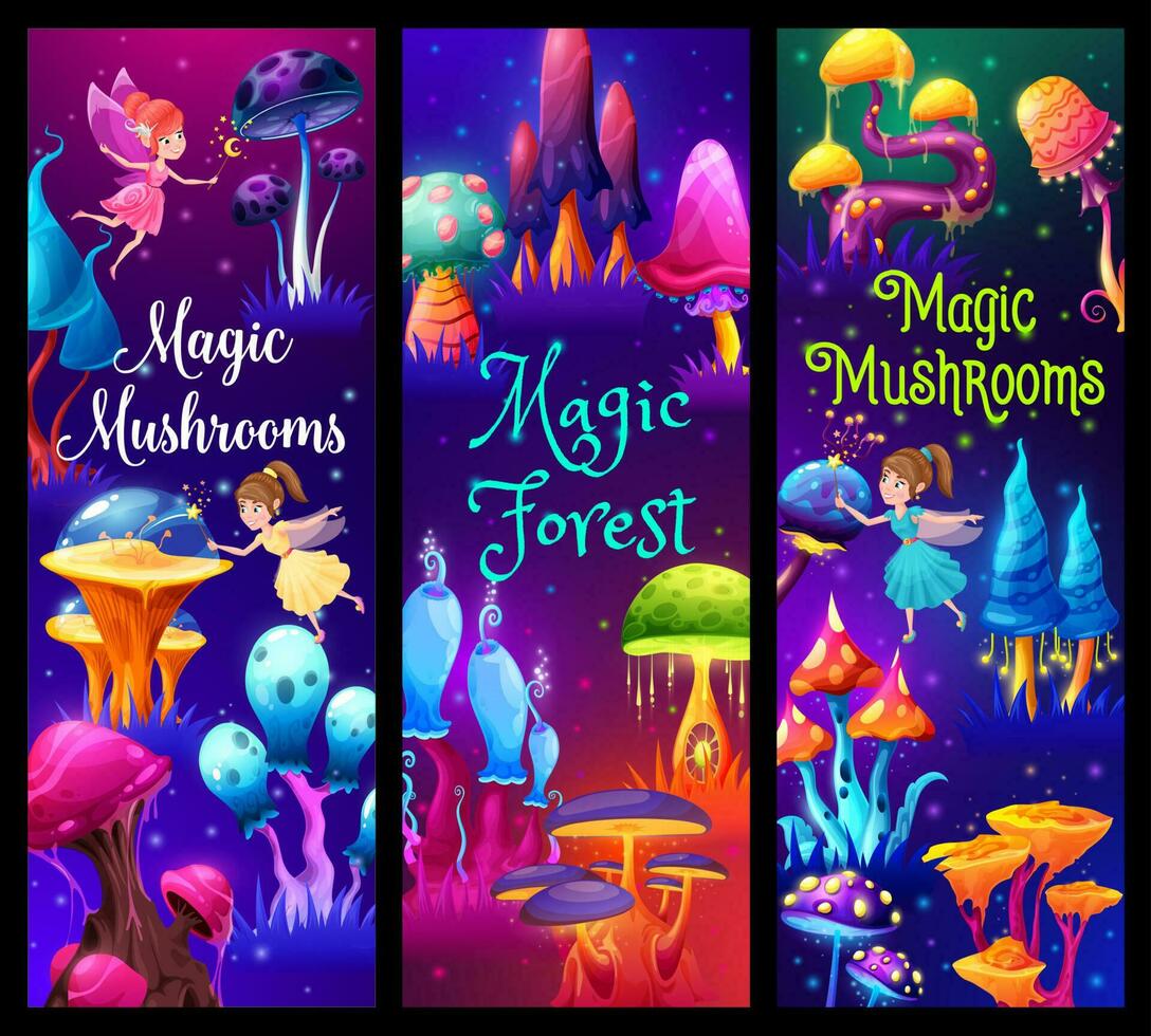 fe- i fantastisk magi svamp skog, banderoller vektor