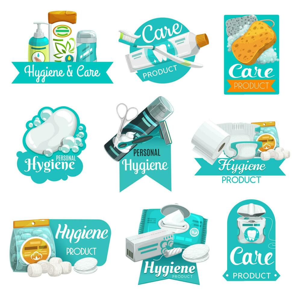 hygien produkt ikoner av tvål, svamp, tandborste vektor