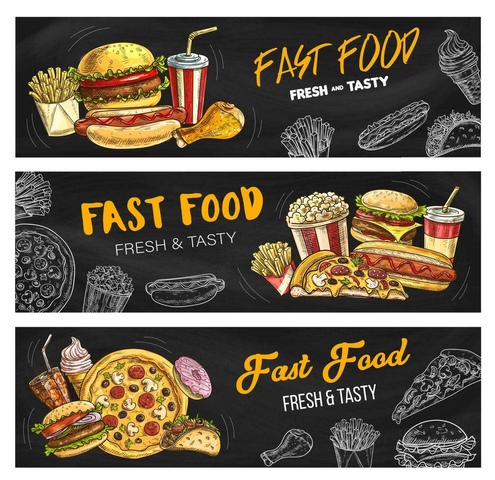 schnell Essen Speisekarte Pizza, Burger und Fast Food Snacks vektor