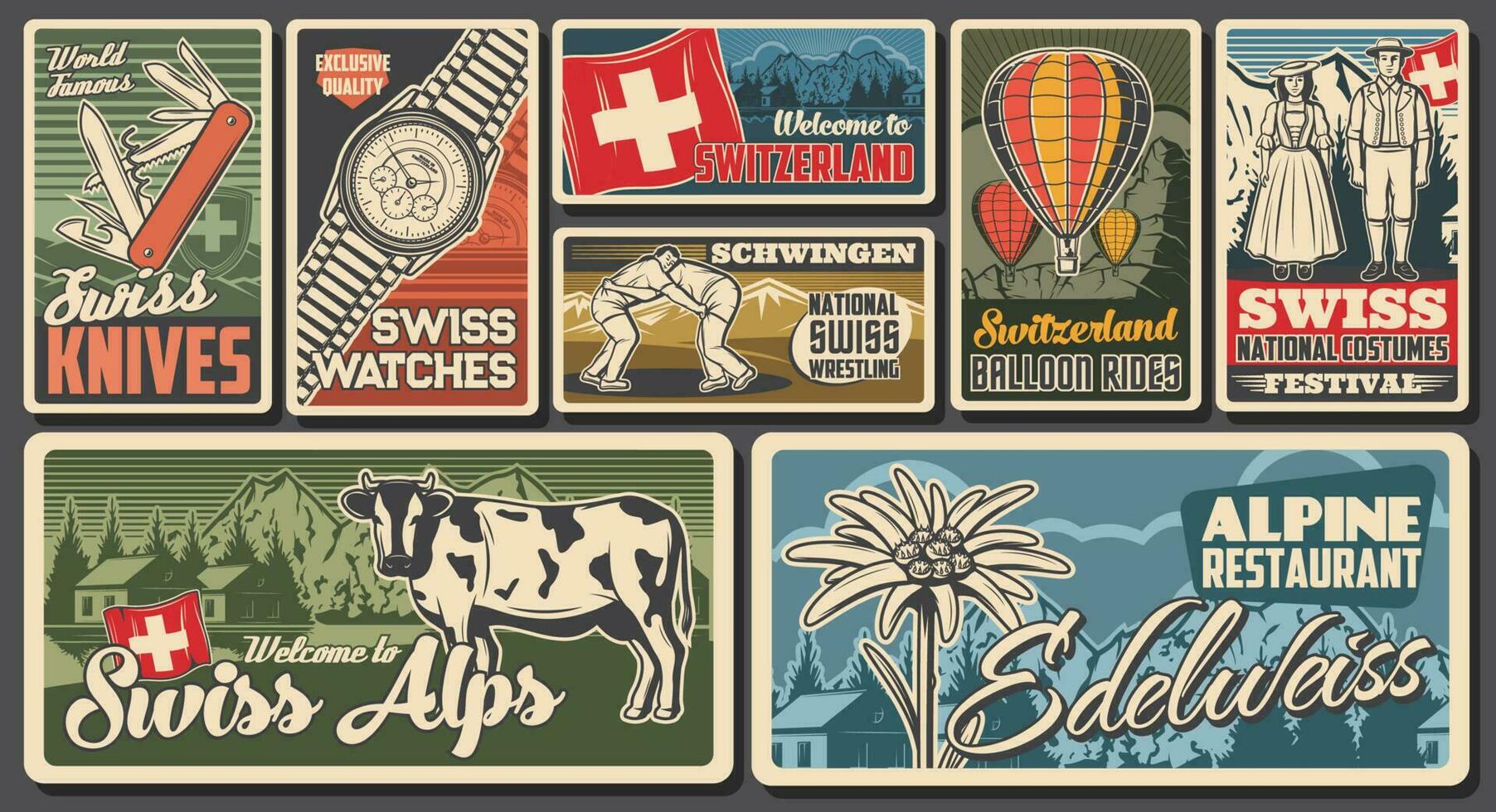 schweiz resa, swiss landmärken affischer, retro vektor