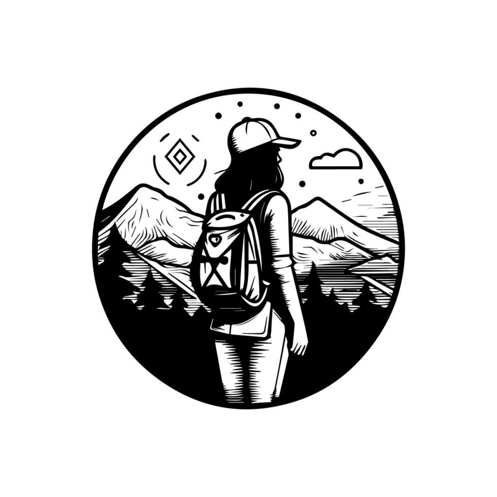 en vandring logotyp med en kvinna karaktär omgiven förbi berg toppar och träd vektor