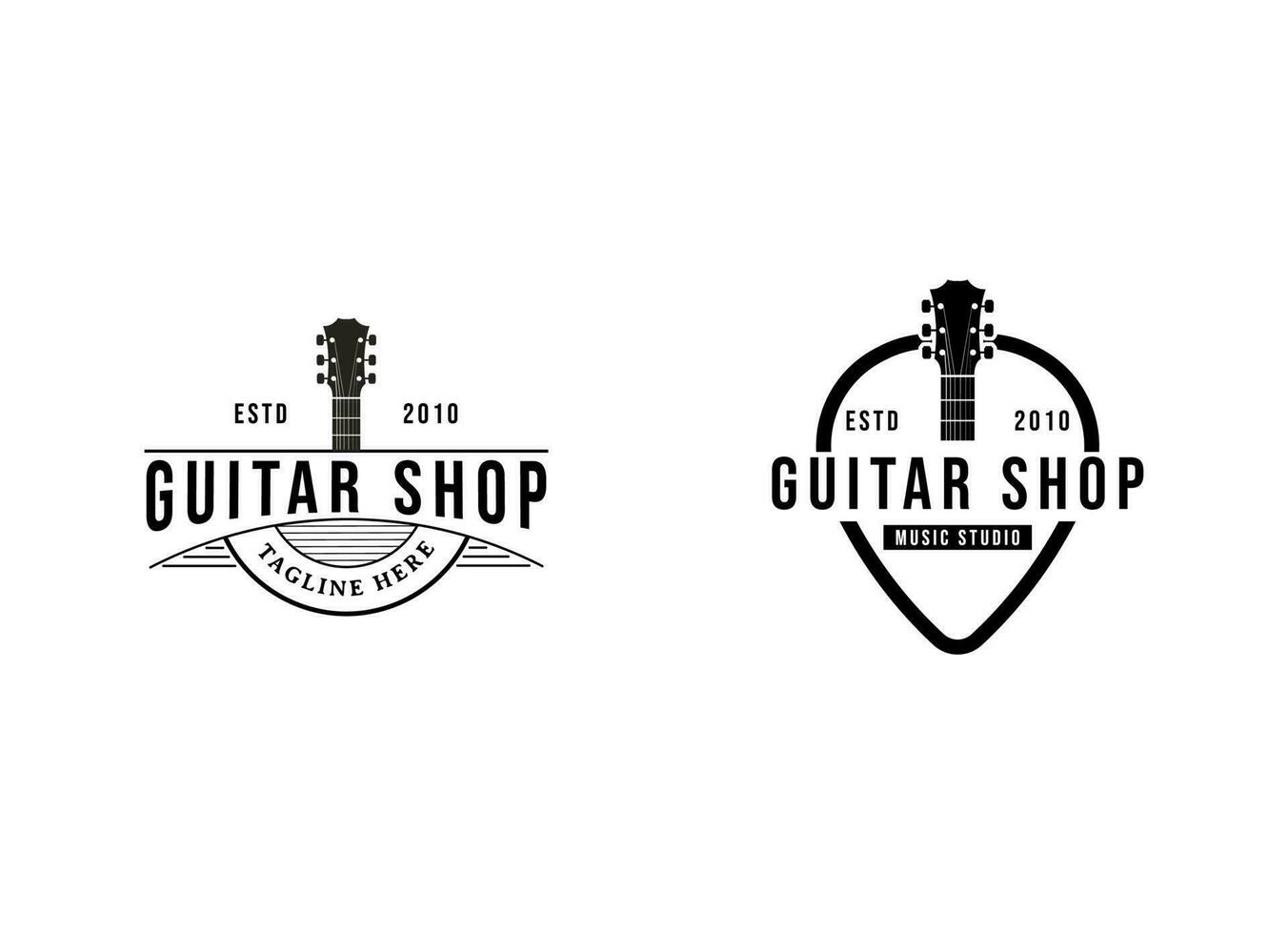 Vektor Gitarre Geschäft Logo. Musik- Symbole zum Audio- speichern, branding oder Poster. Gitarre Logo Design