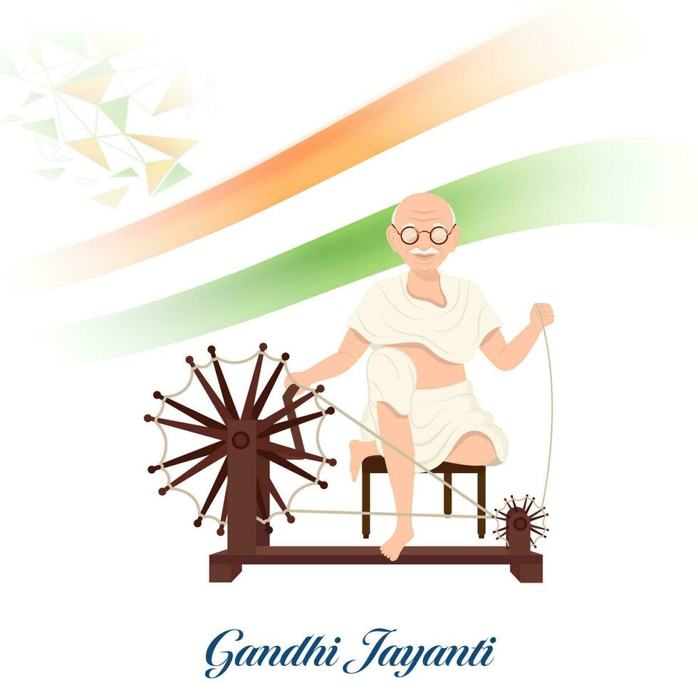 Gandhi Jayanti Konzept mit Mahatma Gandhi Spinnen charkha und indisch Flagge Band auf Weiß Hintergrund. vektor
