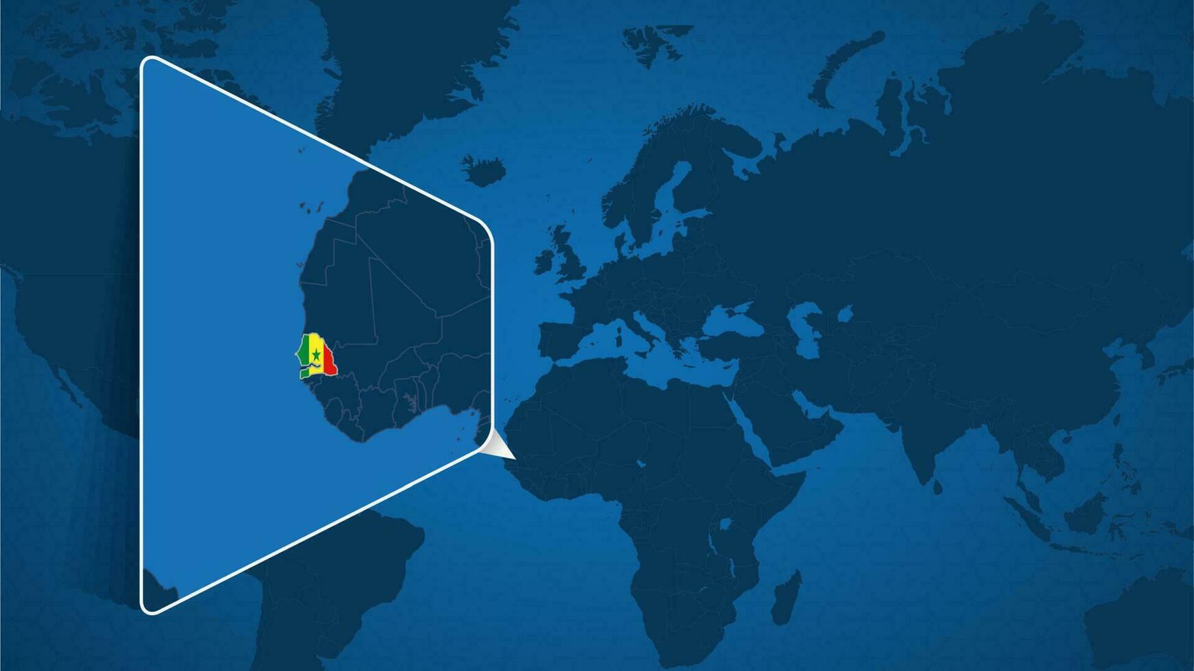 plats av senegal på de värld Karta med förstoras Karta av senegal med flagga. vektor