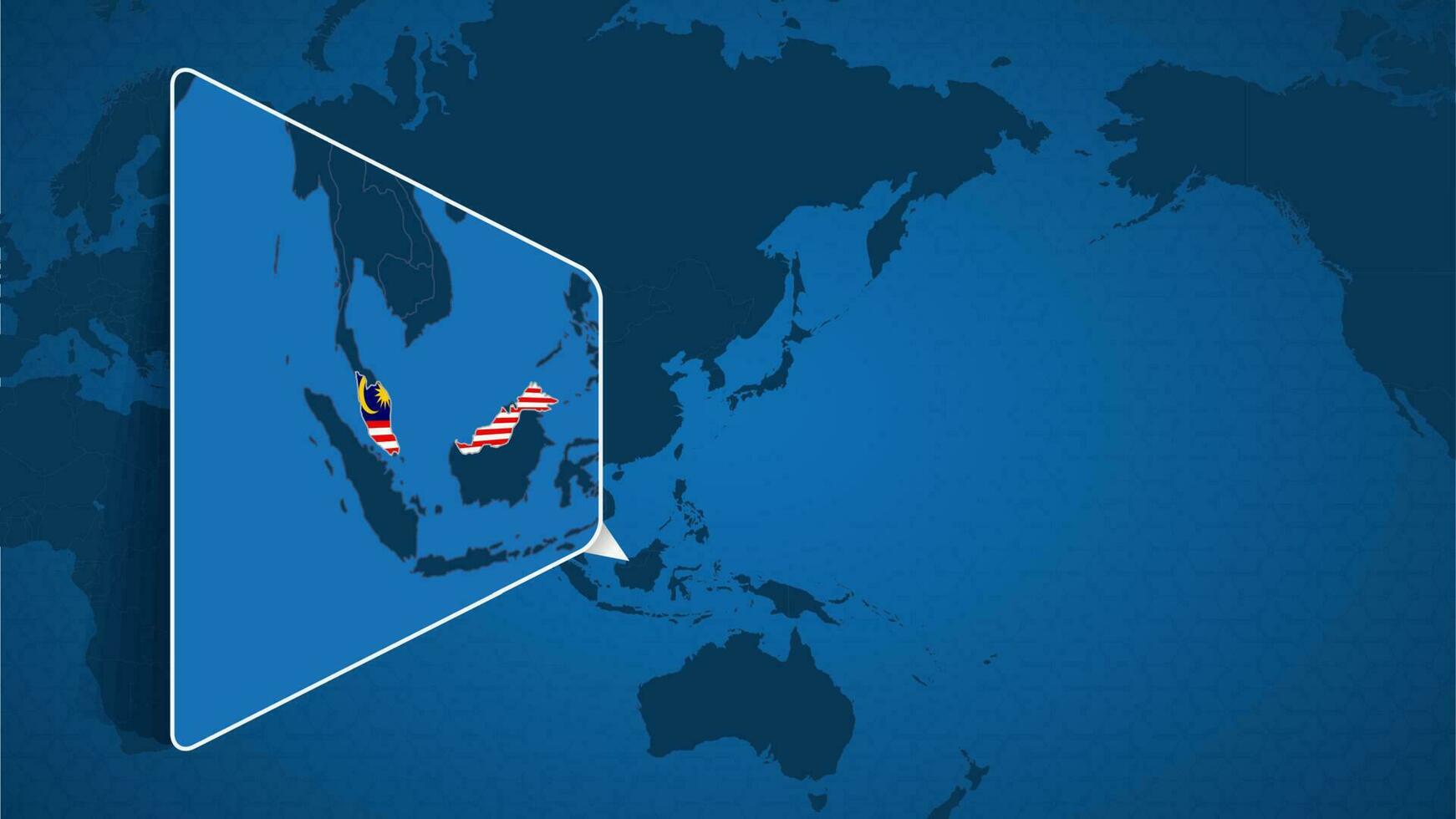 plats av malaysia på de värld Karta med förstoras Karta av malaysia med flagga. vektor