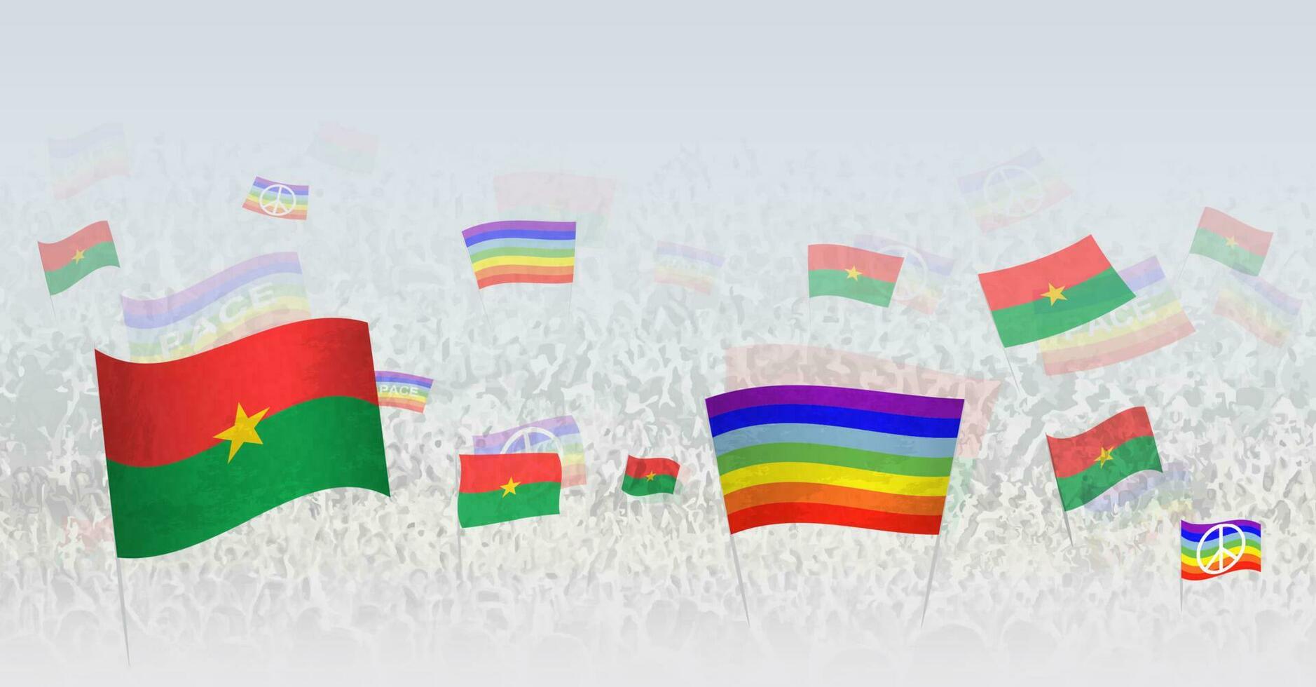 Menschen winken Frieden Flaggen und Flaggen von Burkina faso. Illustration von Menschenmenge feiern oder protestieren mit Flagge von Burkina Faso und das Frieden Flagge. vektor