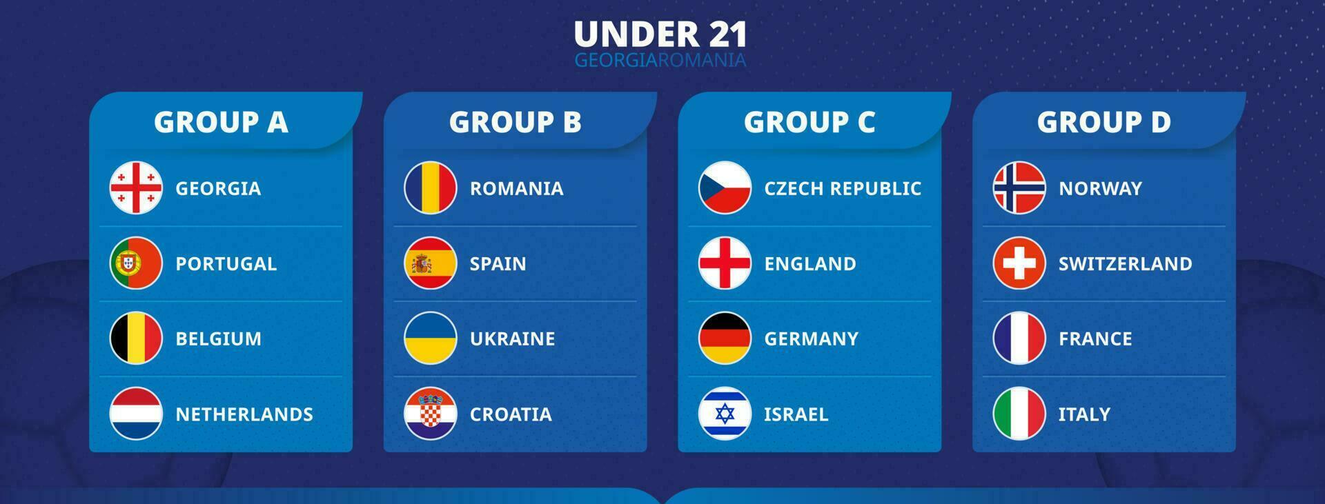 Flaggen von unter 21 Fußball Wettbewerb sortiert durch Gruppe. vektor