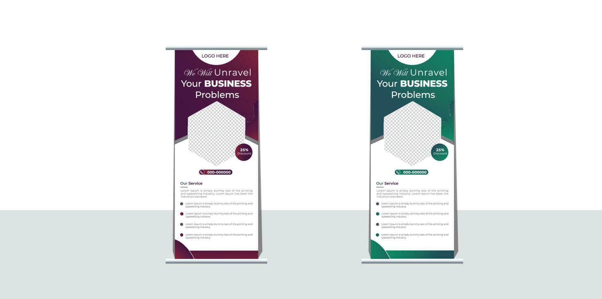 Professionelles Rollup-Banner-Design für Unternehmen, mit dem Sie Ihr Unternehmen auf ein hohes Niveau bringen können. Roll-up- oder Pull-up-Display-Standee-Banner vektor