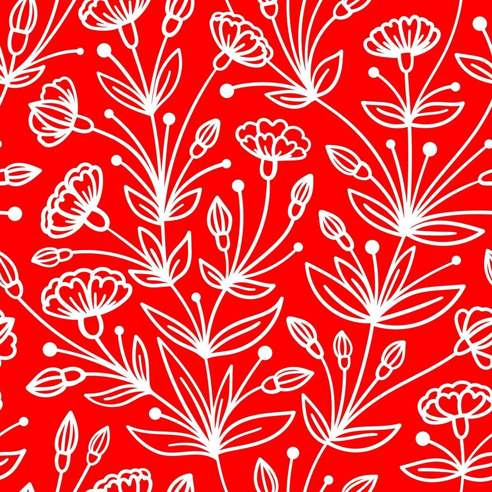 sömlöst rött mönster med efterföljande vita blommor vektor