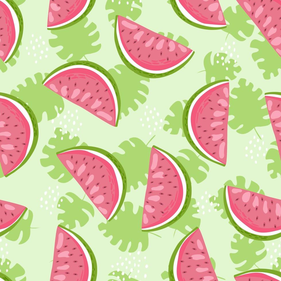 Scheiben von Wassermelone und Samen auf einem grünen Blätterhintergrund. tropisches Hintergrundfrucht und Blätter des nahtlosen Mustersommerthemas. Perfekt für die Textilherstellung Tapetenplakate. vektor
