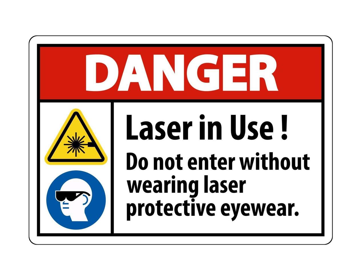 fara varning ppe säkerhetsetikettlaser vid användning går inte in utan att använda laserskyddsglasögon vektor