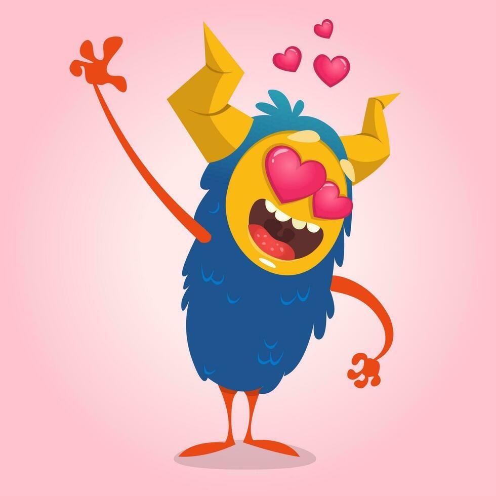tecknad serie blå behornad monster i kärlek. helgon valentine monster. vektor illustration av kärleksfull monster och hjärtan. inbjudan kort för fest