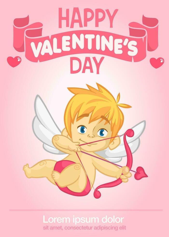 affisch med rolig cupid tecknad serie karaktär med rosett och pil. vektor illustration för hjärtans dag isolerat på blå bakgrund.