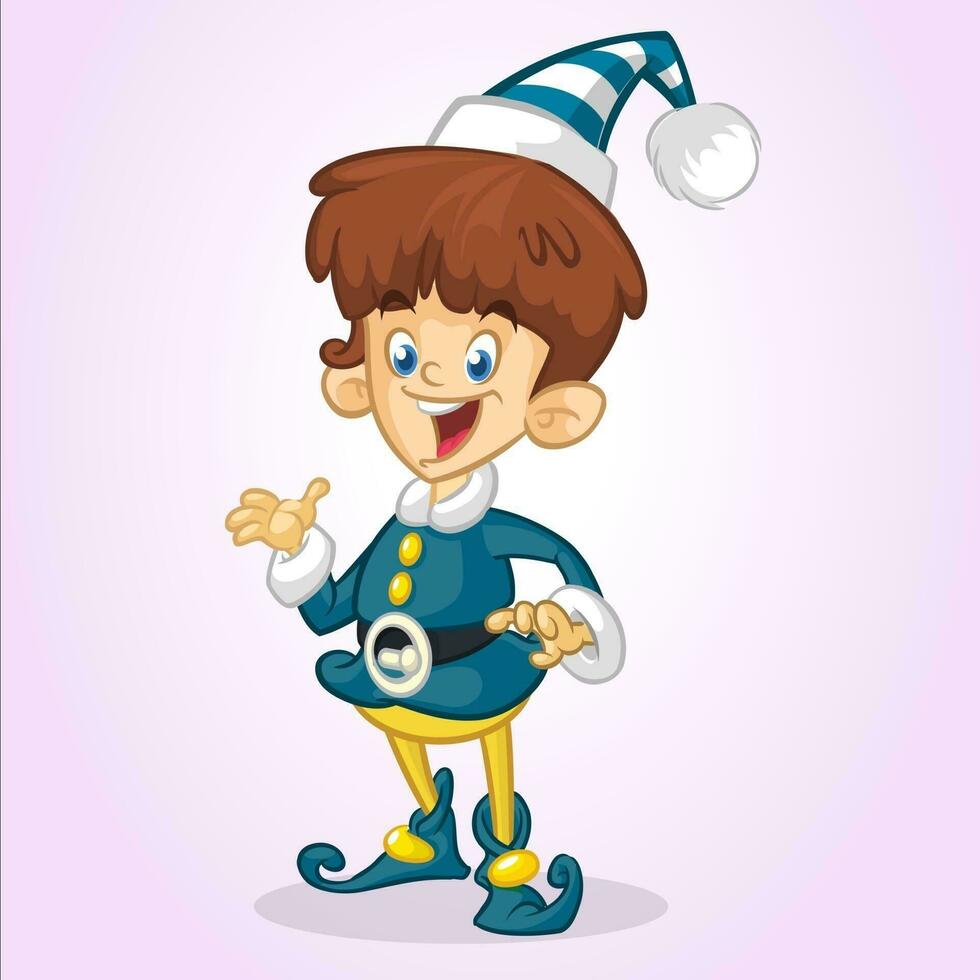 Karikatur Weihnachten Junge Elf Karikatur. süß glücklich Zwerg Santa Helfer präsentieren vektor