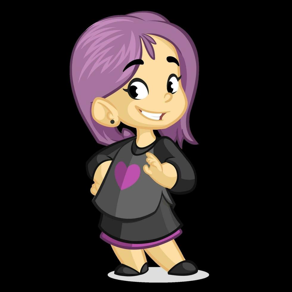 söt liten flicka med violett hår klädd i svart stående och leende. vektor tecknad serie unge karaktär
